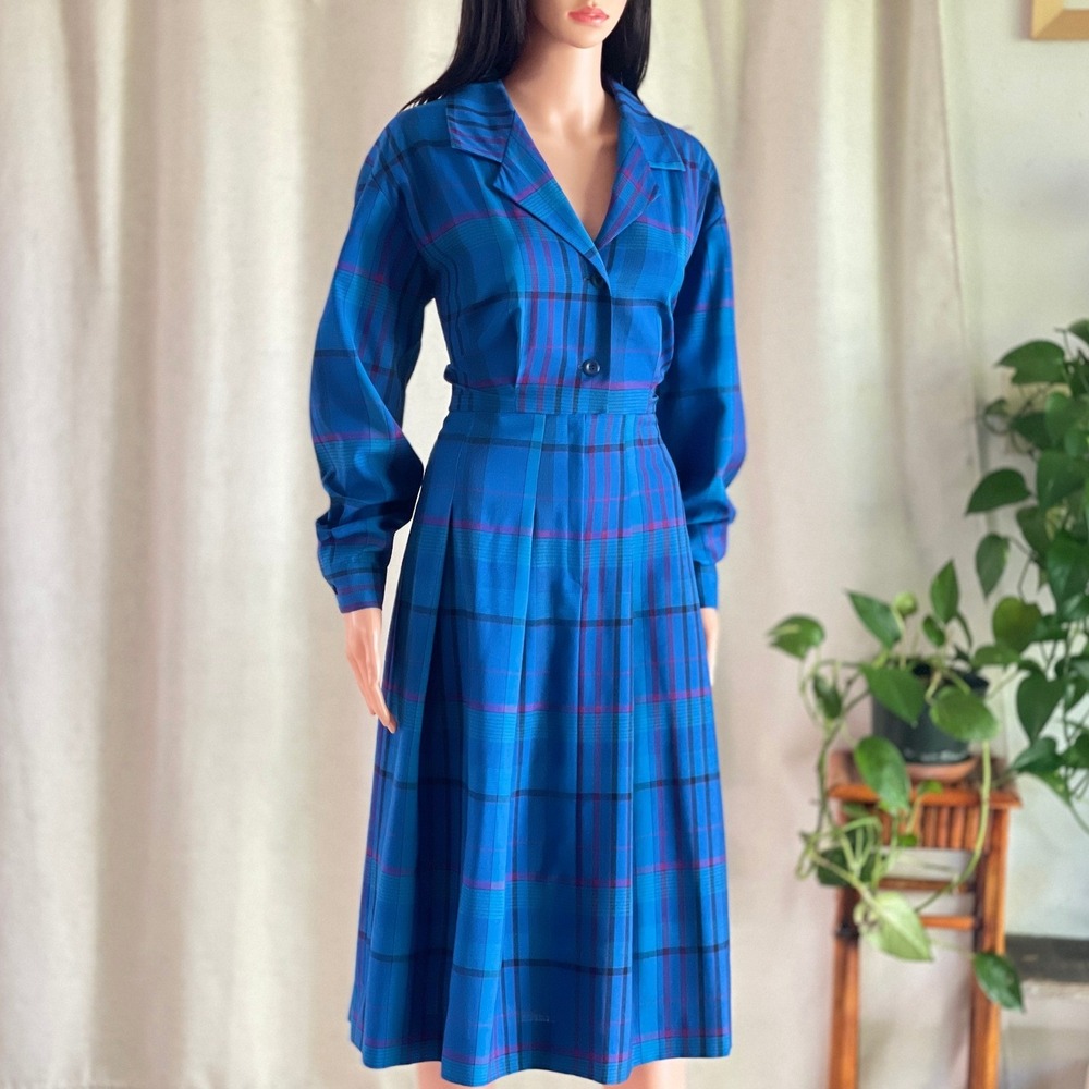 Vtg 80s Handmade Blue Plaid Pleated Midi Dress Long Sleeve Dark Academia M/L